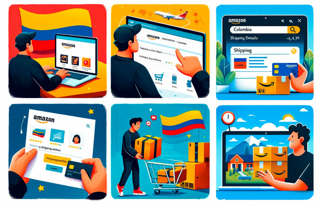 Four images showing how to buy on Amazon from Colombia. The first image shows a person using a laptop on the Amazon homepage