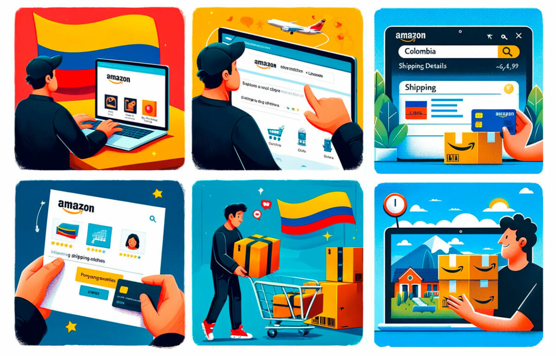 Four images showing how to buy on Amazon from Colombia. The first image shows a person using a laptop on the Amazon homepage